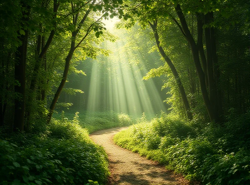 A serene image of a hospice garden with sunlight streaming through the trees, symbolizing peace and tranquility.