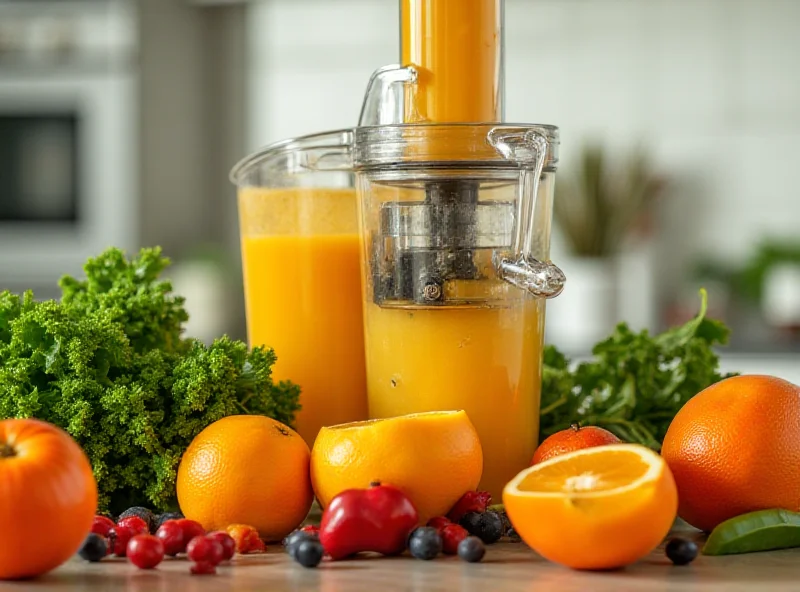 A close-up shot of various colorful fruits and vegetables being juiced, with a blurred background of a modern kitchen.