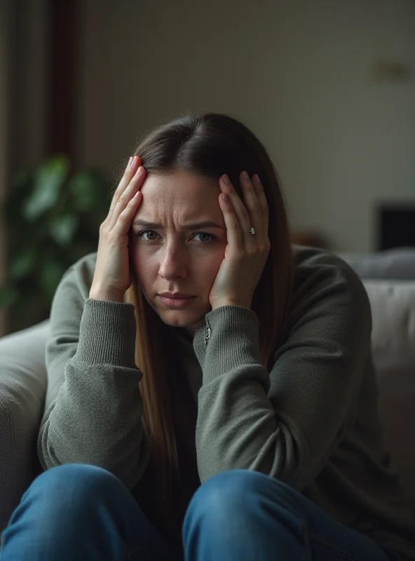 A person sitting on a couch, looking tired and holding their head. The background is a blurred living room.