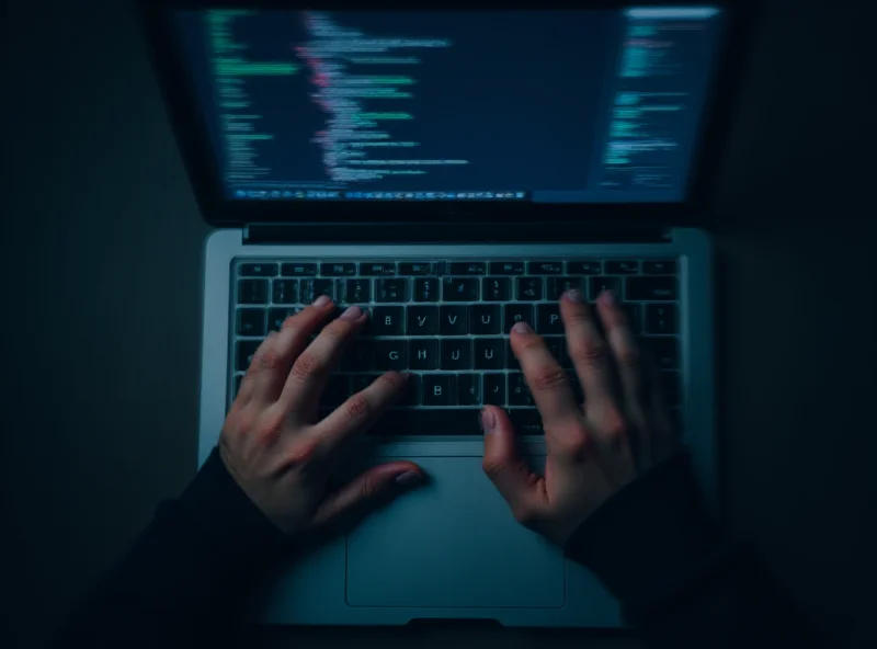 An overhead shot of a person's hands typing furiously on a laptop keyboard in a dimly lit office setting.