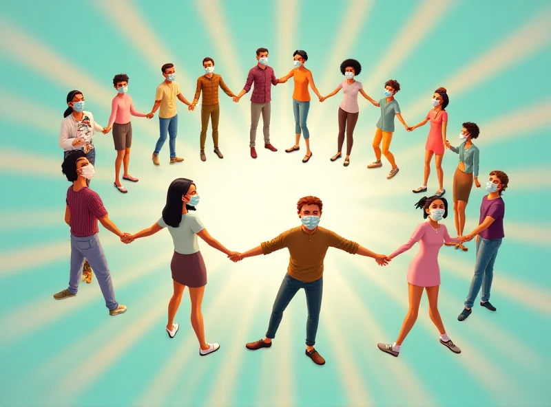 Illustration of different people holding hands in a circle, representing community immunity. Some people are wearing masks.