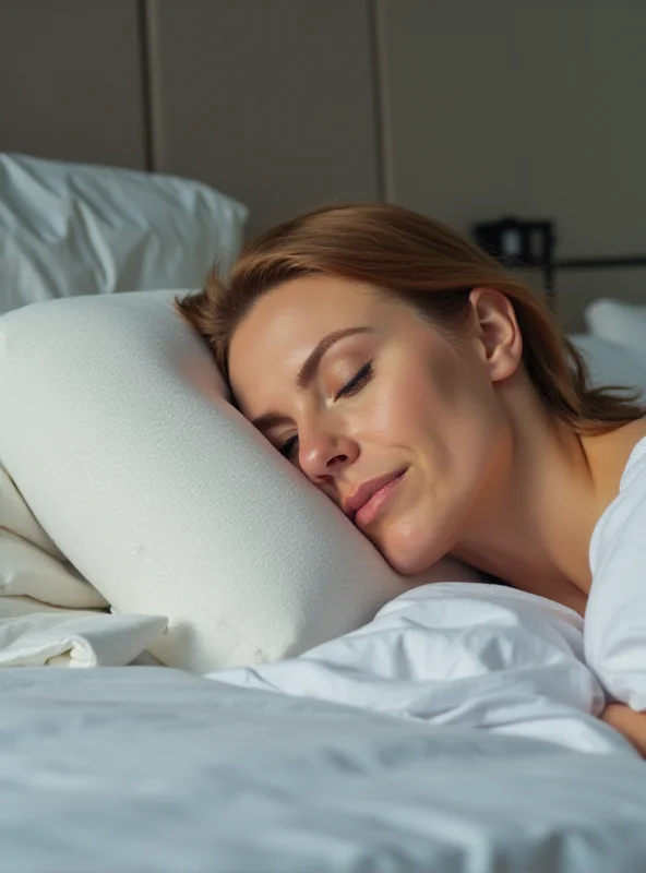 Close-up shot of a comfortable pillow designed for side sleepers, showing its ergonomic shape and plush filling. A person is partially visible, resting their head on the pillow in a relaxed position.