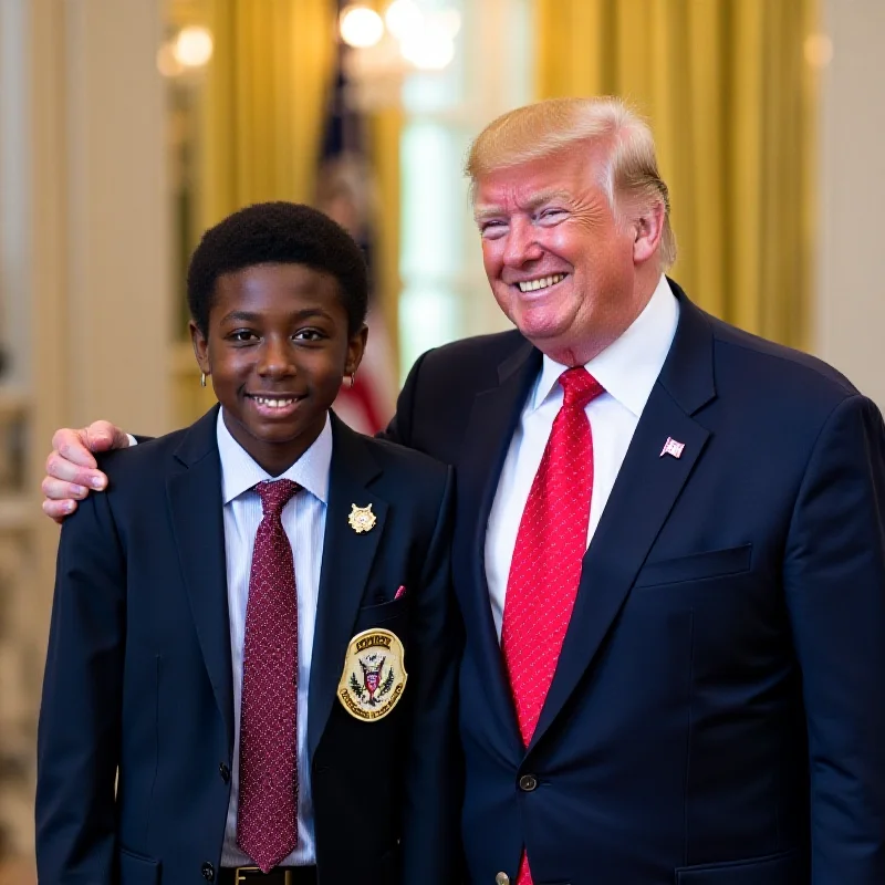 A smiling 13-year-old boy, Devarjaye 'DJ' Daniel, wearing an honorary Secret Service badge, posing with President Trump. Both are smiling and appear to be in a formal setting.