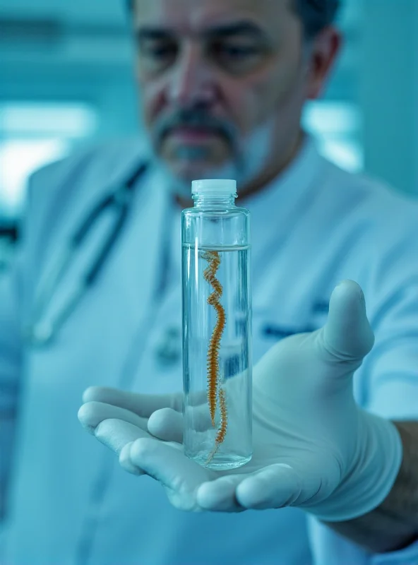 Close up of a doctor holding a vial with a parasite inside.