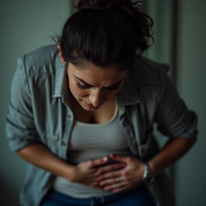 A person looking distraught and holding their stomach in pain.