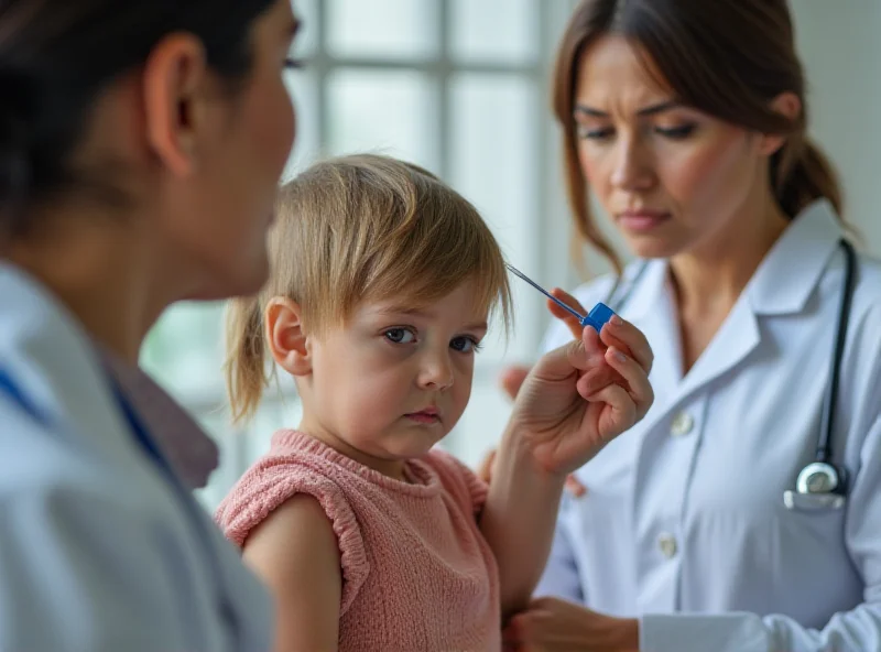 A worried parent holds their child while a doctor prepares a measles vaccine injection.