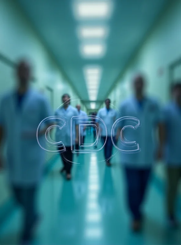 A close-up shot of the CDC logo with a blurred background of people in lab coats.