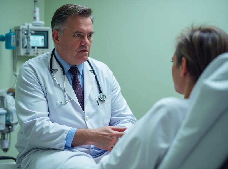 A doctor in a white coat talking to a patient in a hospital bed, with medical equipment visible in the background.