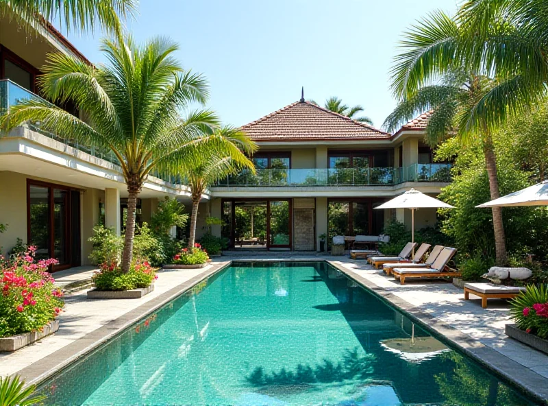 Exterior view of a luxury resort with tropical landscaping and a swimming pool.