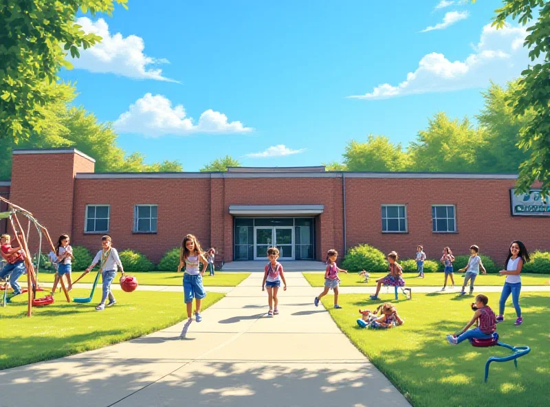 A school building with children playing in the background.