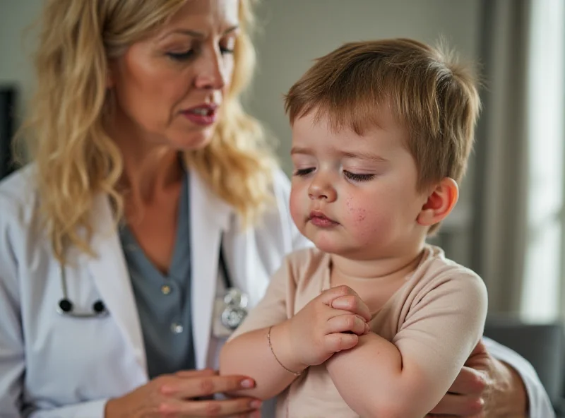 A concerned parent looking at a child with a rash, symbolizing measles.