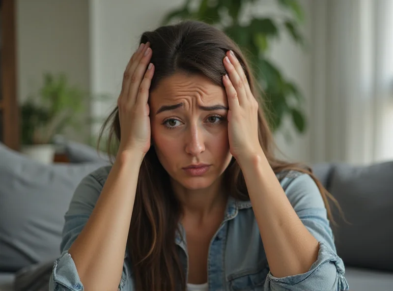 A woman looking distressed, holding her head, suggesting memory loss and concern.