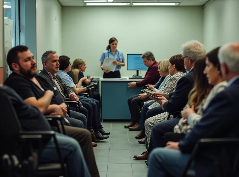 A crowded waiting room at a general practice, symbolizing the difficulty in getting appointments.