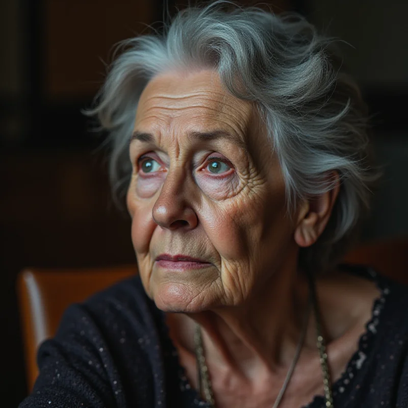 An elderly woman looking thoughtful while sitting in a chair.