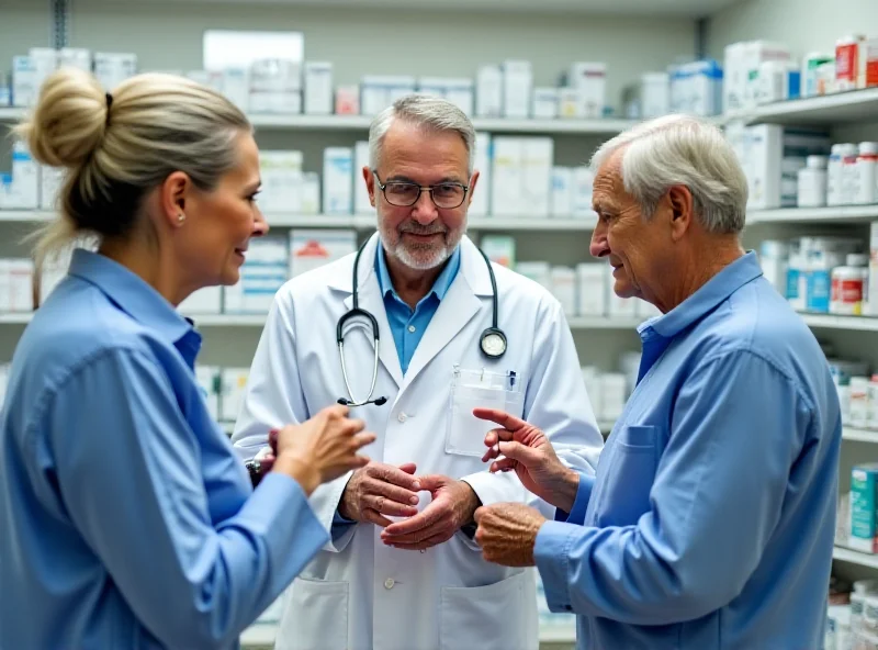 A pharmacist counseling a patient in a modern pharmacy setting.