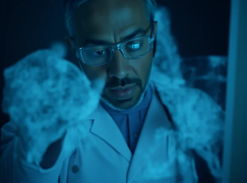 Close-up of a doctor's hands examining an X-ray or medical image.