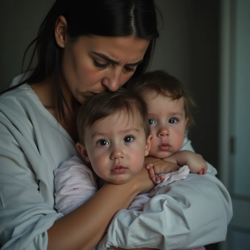 A concerned parent holding their child.