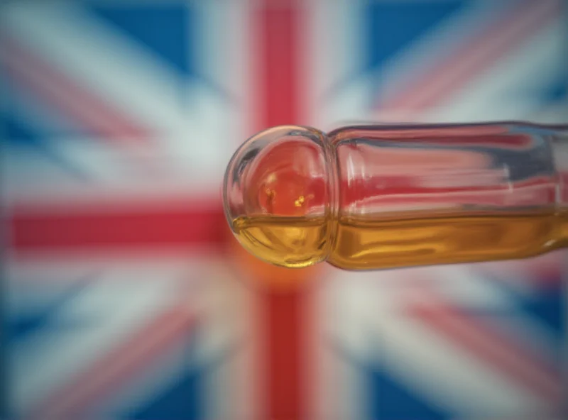 A vial of blood plasma with a UK flag subtly in the background.