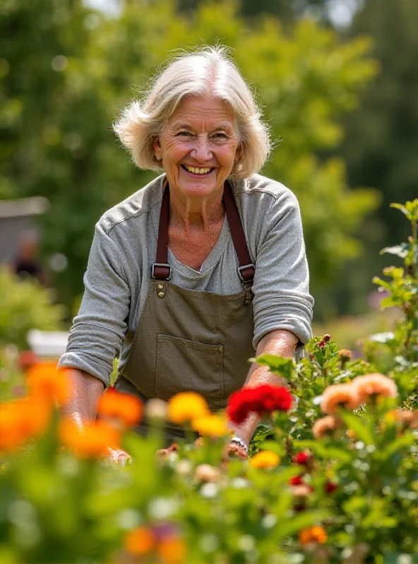 An older adult happily gardening in a sunny garden, representing a simple and healthy habit.