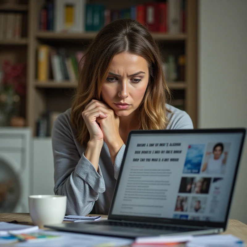 A concerned woman looking at information about medical tourism on her laptop.