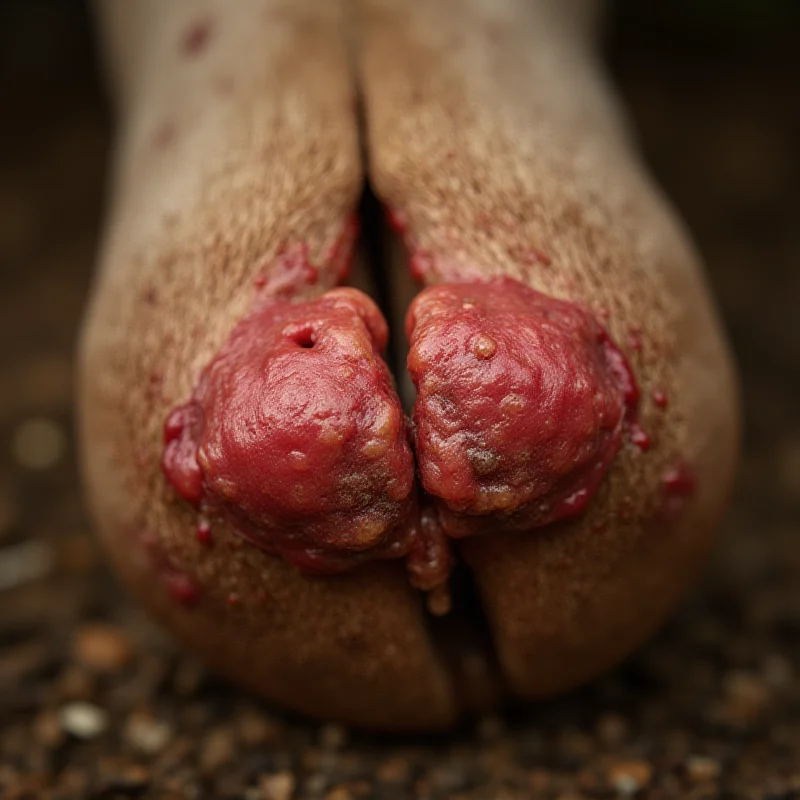 Close up of a cow's hoof showing signs of foot and mouth disease