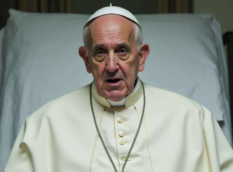 An older man, Pope Francis, wearing white papal robes and a zucchetto, speaking into a microphone with a concerned expression. He is seated in a hospital bed. The background is blurry and suggests a hospital room.