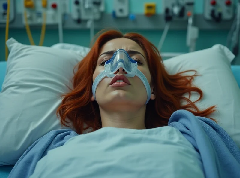 A woman with red hair lying in a hospital bed, looking distressed and struggling to breathe. She has an oxygen mask on her face. The background is a sterile hospital room with medical equipment.