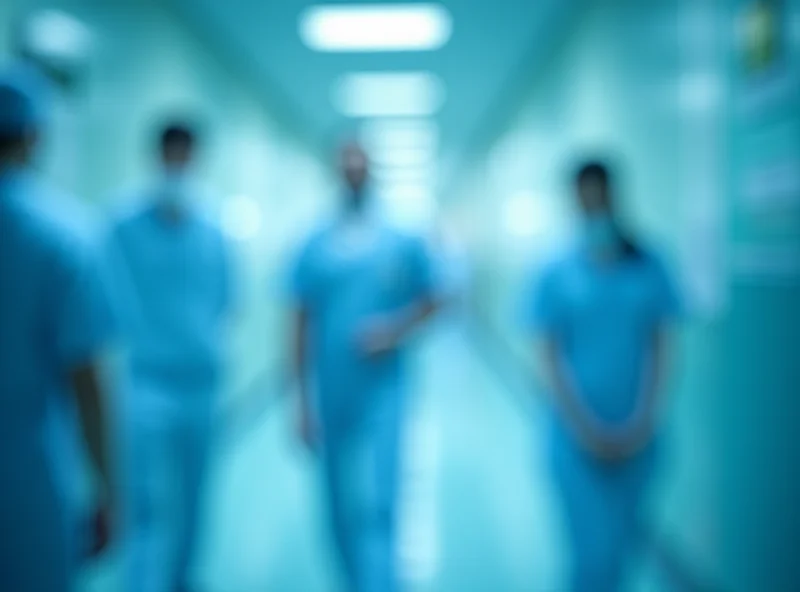 A blurred image of a modern hospital corridor with nurses and doctors walking by. The focus is on a computer screen displaying medical records, with the words 'Confidential Information' faintly visible.