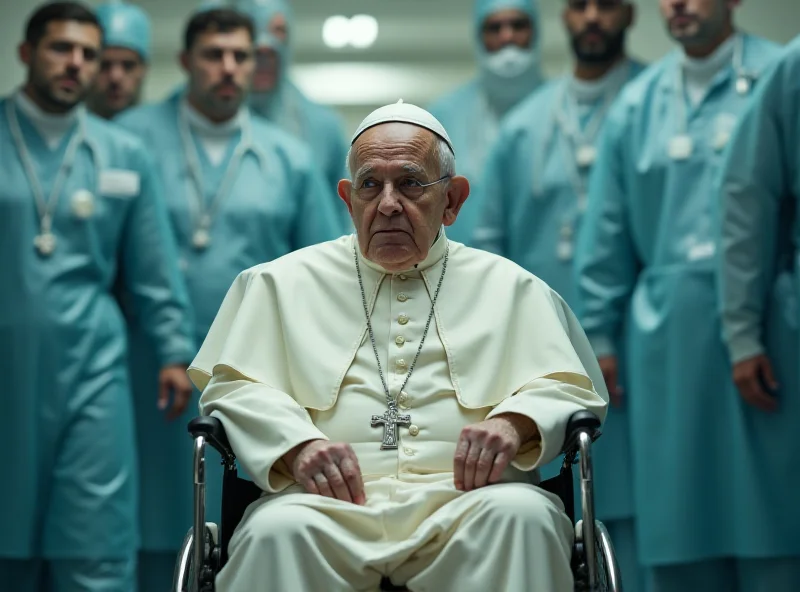 Pope Francis in a wheelchair, looking concerned, surrounded by medical staff.