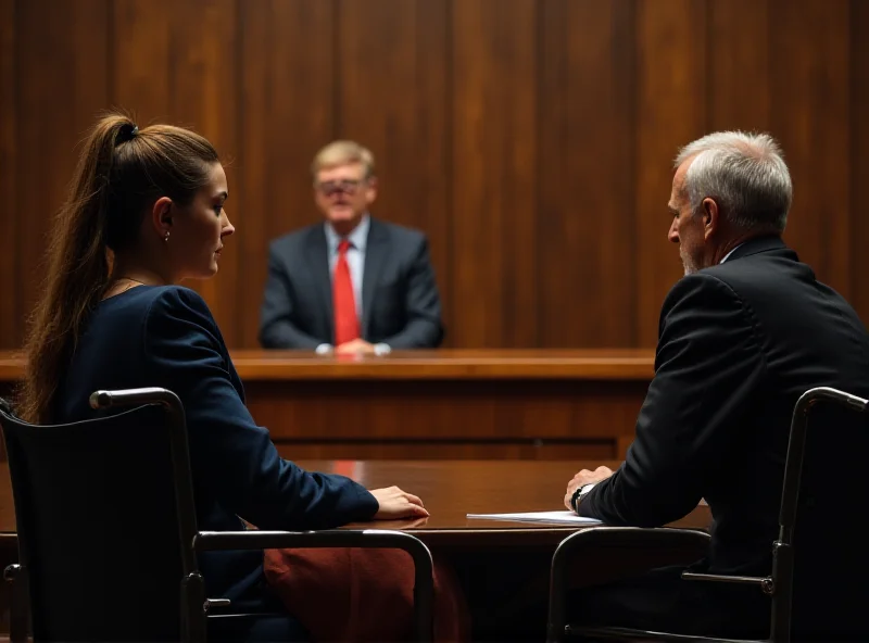 A courtroom scene in Spain, with a young woman in a wheelchair facing the judge, a doctor testifying, and her father looking distraught in the background.