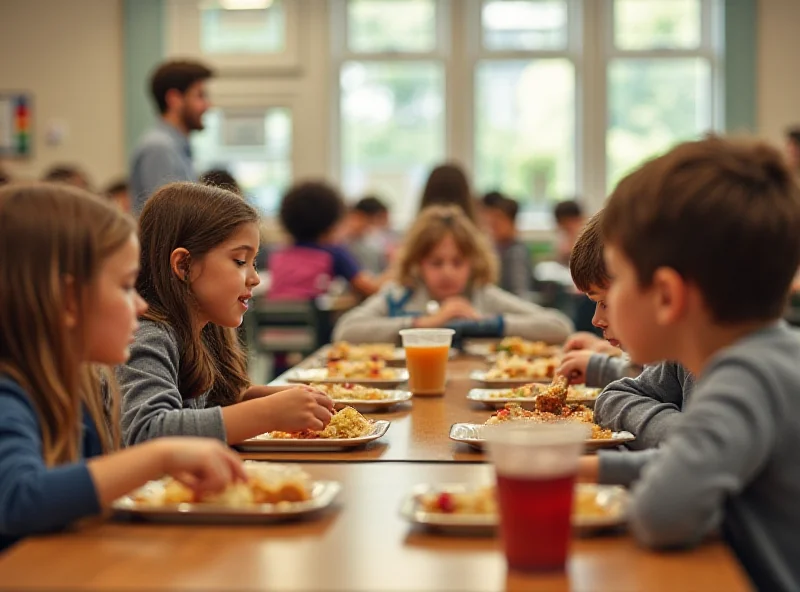 A typical school cafeteria scene, with children eating lunch.