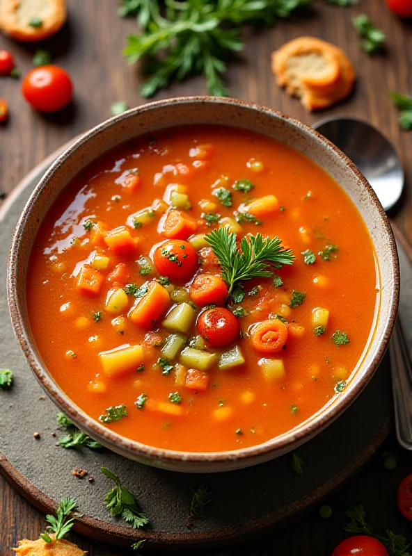 A steaming bowl of colorful, vegetable-rich soup.