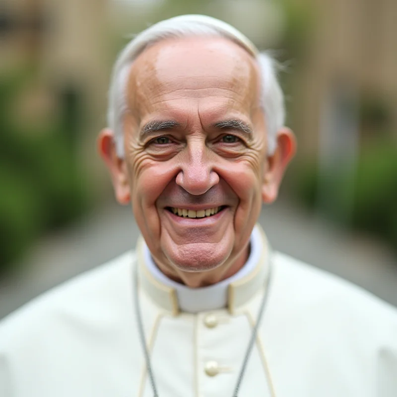 Close-up portrait of Pope Francis smiling warmly.