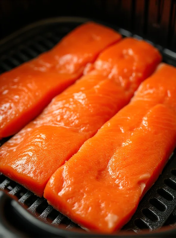 A close-up shot of salmon fillets being cooked in an air fryer, with visible steam and a golden-brown crust.