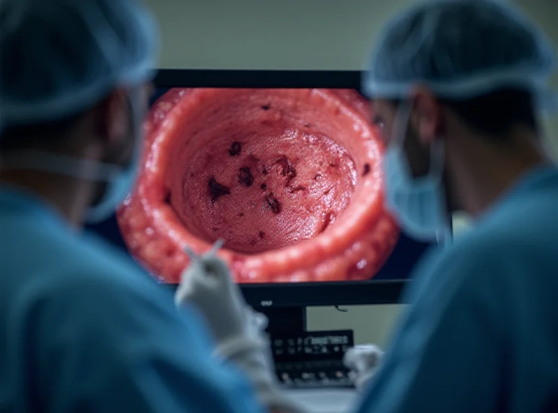 A medical professional examining a monitor displaying an endoscopic view of the inside of a human intestine, showing a cluster of hookworms attached to the intestinal wall.