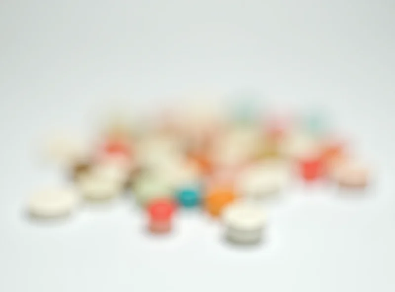 Pills and capsules scattered on a white table, symbolizing the cost of healthcare and medication.