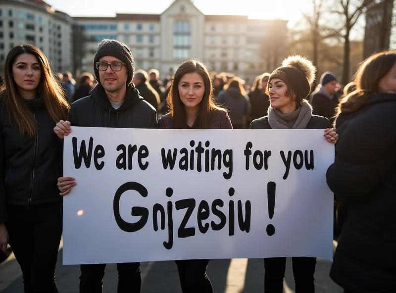 A group of people holding a banner with 'We are waiting for you, Grzesiu!' written on it, demonstrating solidarity and support.