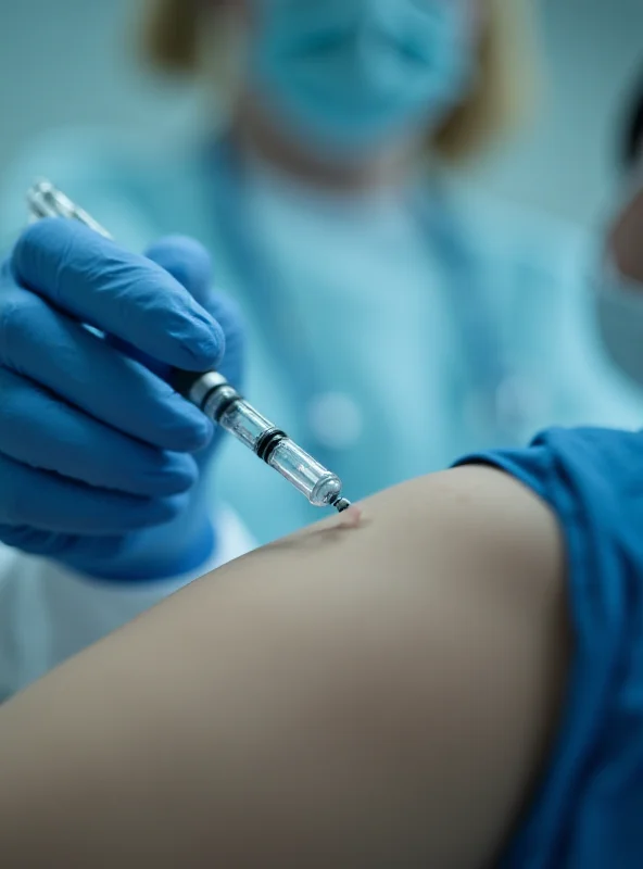 A close-up shot of a vaccination needle administering a dose to a patient's arm, with a medical professional in the background.