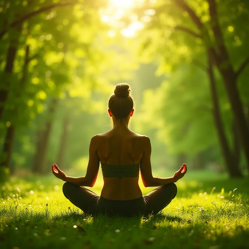 A person meditating in a peaceful outdoor setting, with sunlight filtering through the trees, representing stress relief and mindfulness.