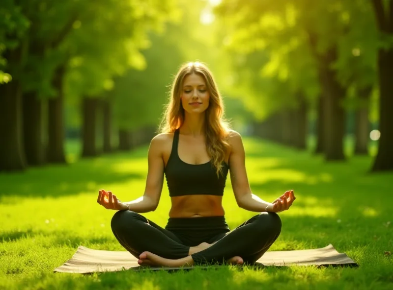 Person meditating in a park surrounded by trees and sunlight.