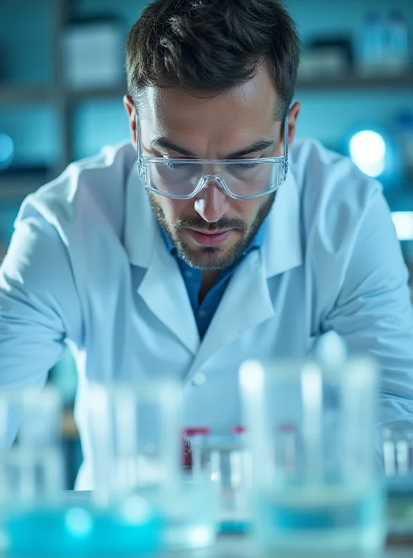 Close-up of a scientist in a lab coat examining a petri dish.