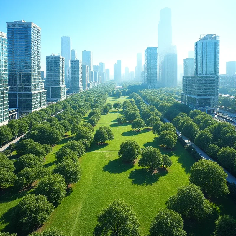 Cityscape with many green areas and trees interspersed among buildings, under a sunny sky.