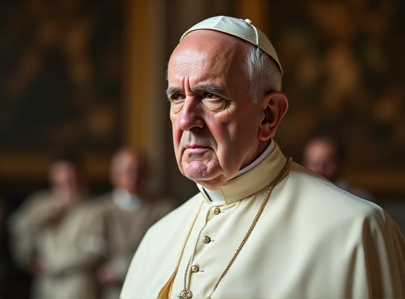 Pope Francis in his Vatican office, looking concerned and slightly tired, with soft lighting and a focus on his face.