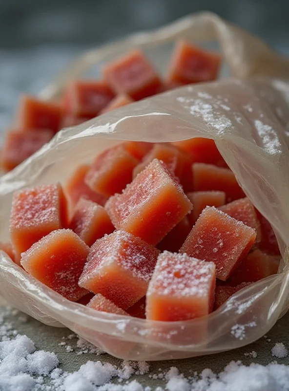 Close-up shot of a bag of frozen raw pet food, with the Wild Coast Raw logo visible. The background is blurred to emphasize the product. The lighting is bright and clean, highlighting the texture of the frozen food.