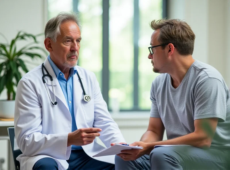 A concerned-looking doctor talking to a young adult about the dangers of alcohol. The setting is a modern doctor's office with natural light and a comforting atmosphere.