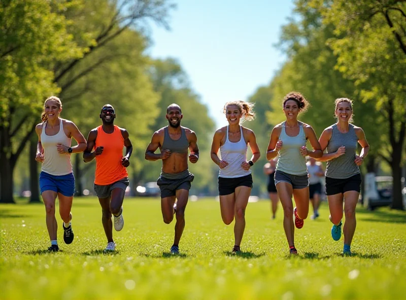 A group of diverse people running together in a park on a sunny day.