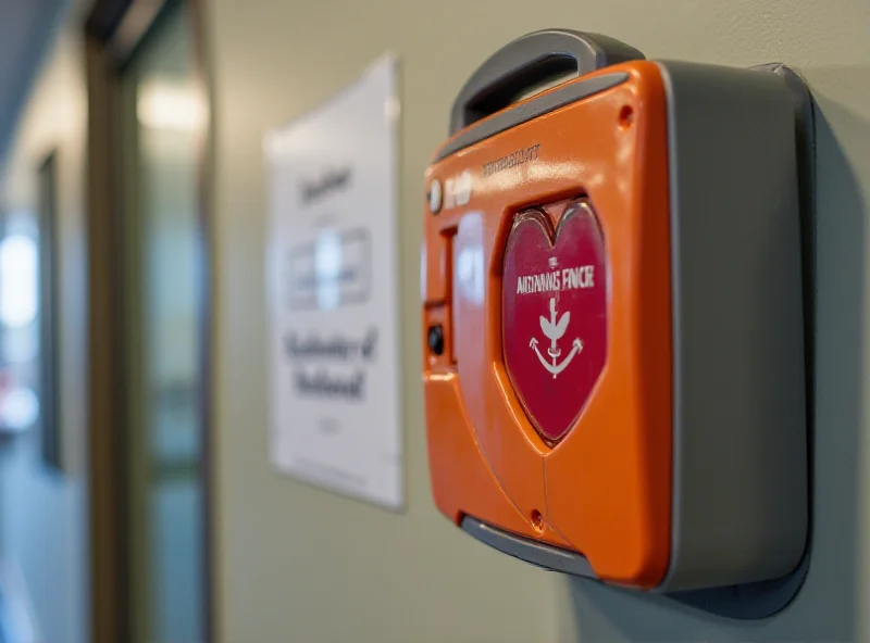 A close-up of a defibrillator on a wall, with a sign indicating its location.