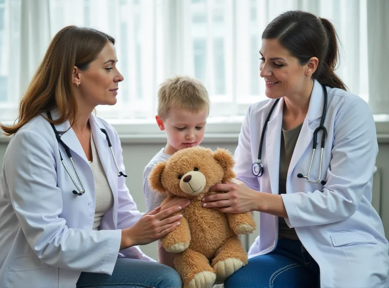 Illustration of a doctor talking to a concerned parent and child