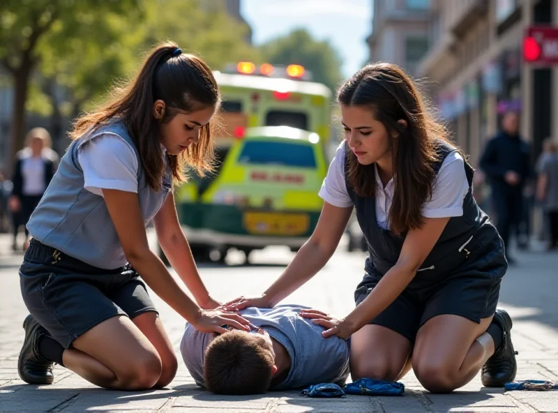 Two schoolgirls performing CPR on a man lying on the ground, with paramedics arriving in the background.