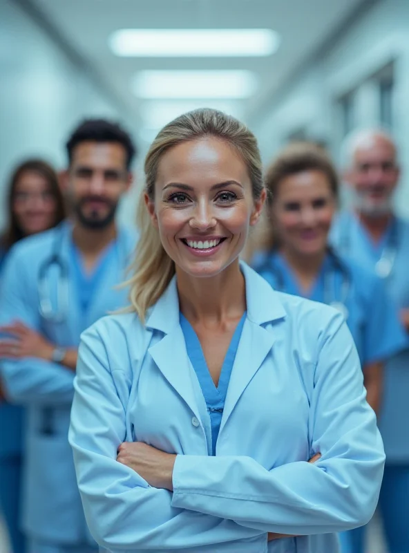 A diverse group of healthcare professionals, including both male and female doctors, smiling and looking confident in a hospital setting.